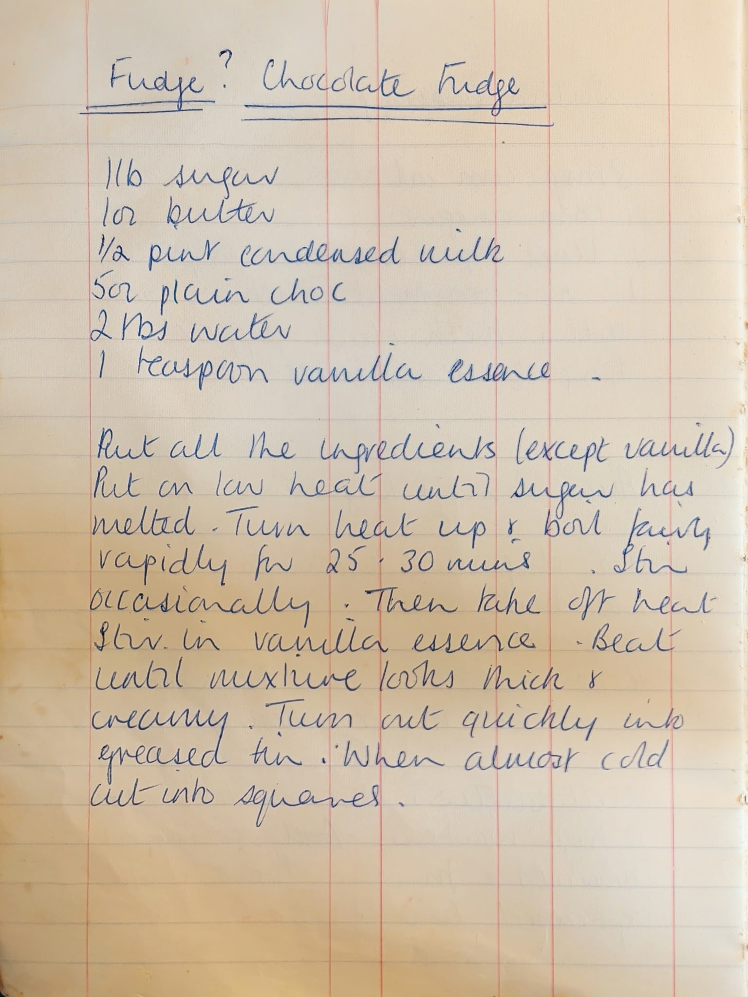 Original handwritten recipe for Chocolate Fudge