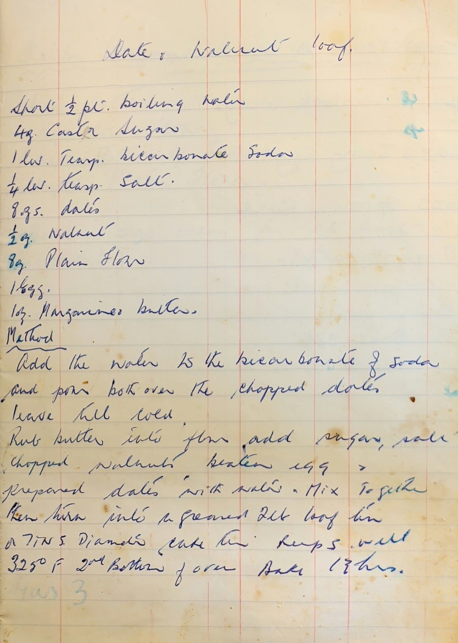 Original handwritten recipe for Date & Walnut Loaf