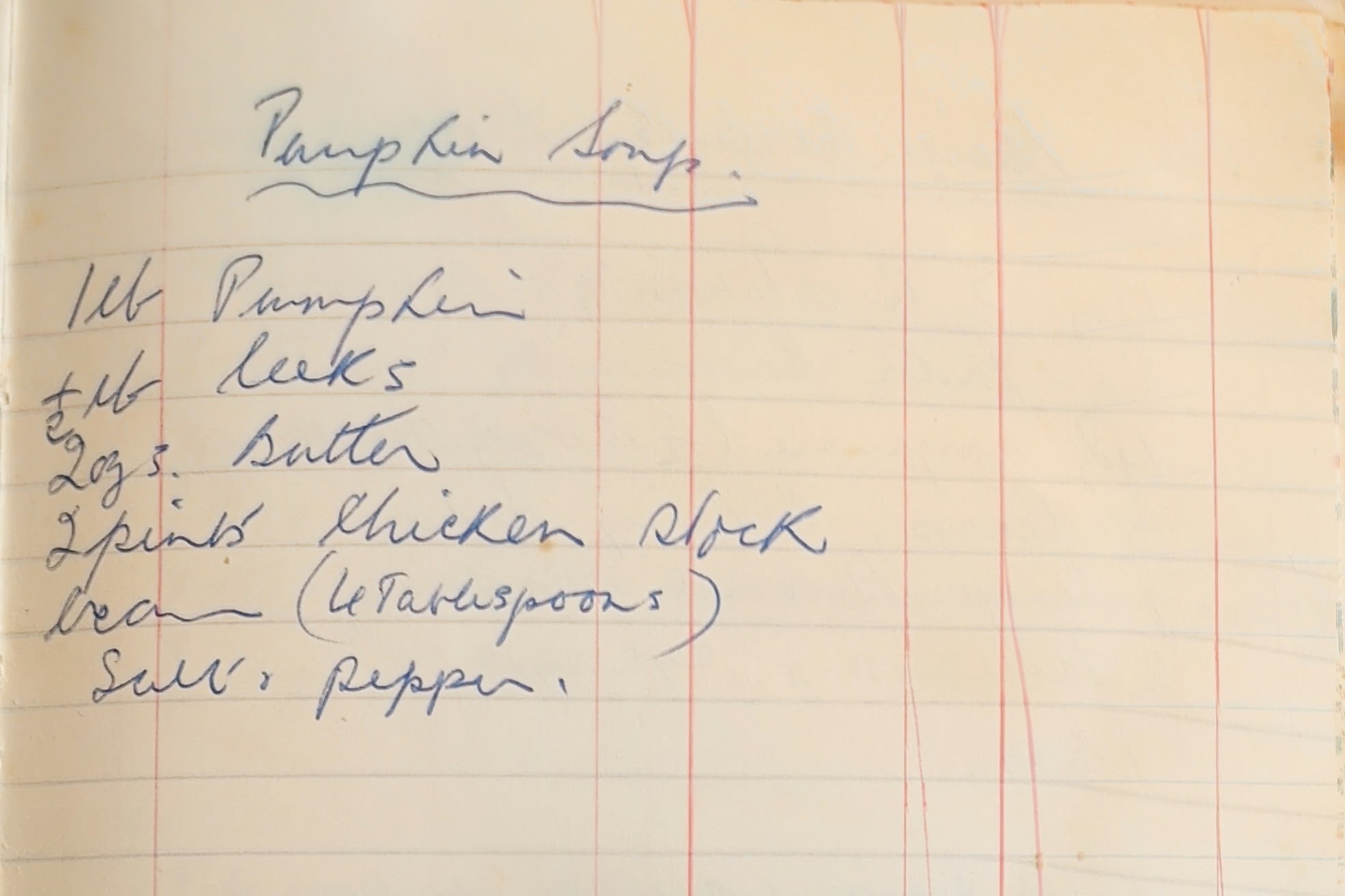 Original handwritten recipe for Pumpkin Soup